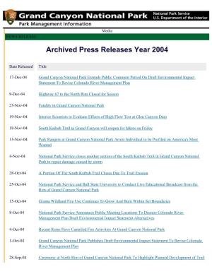 Grand Canyon National Park Media / 2004 Press Release