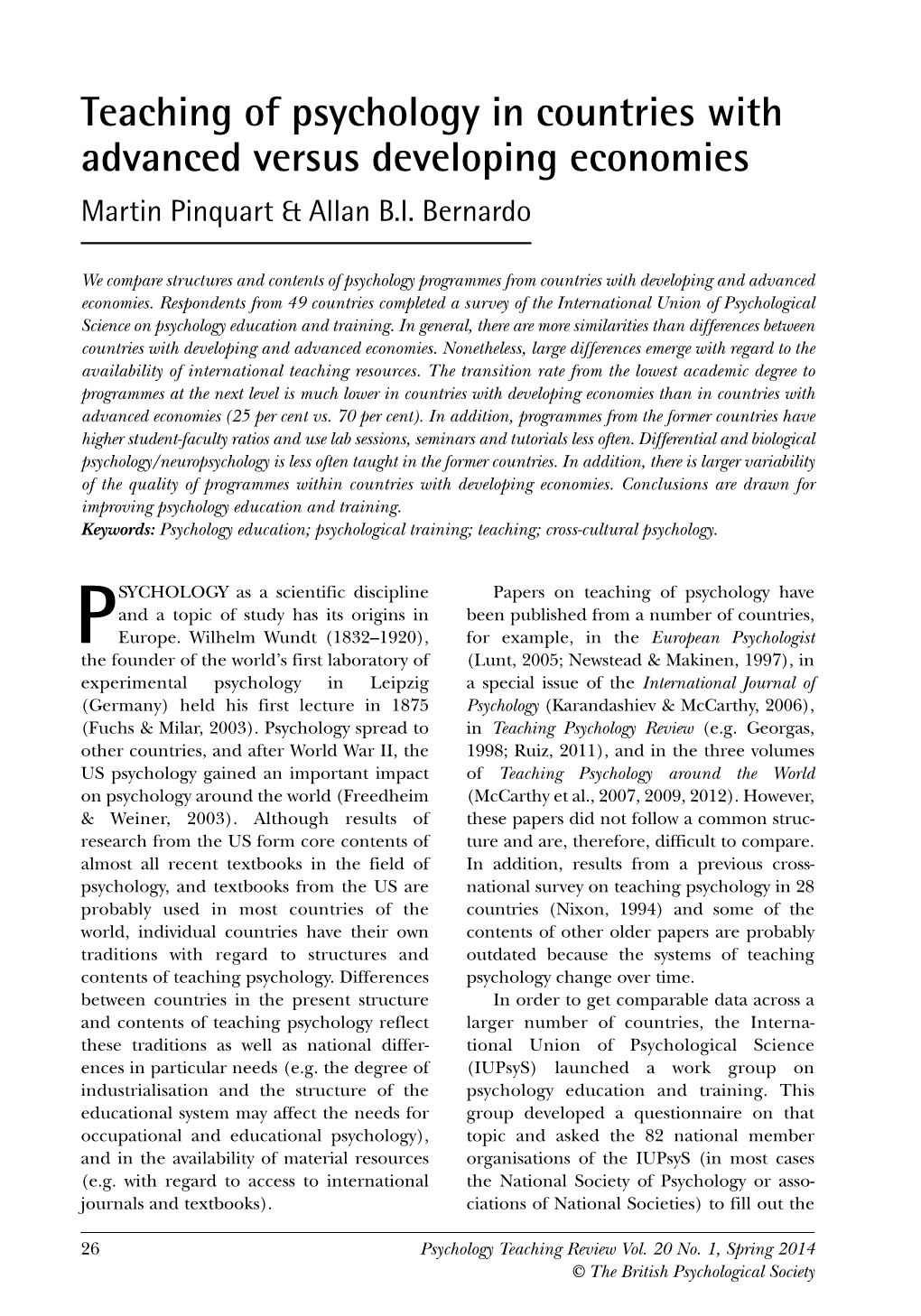 Teaching of Psychology in Countries with Advanced Versus Developing Economies Martin Pinquart & Allan B.I