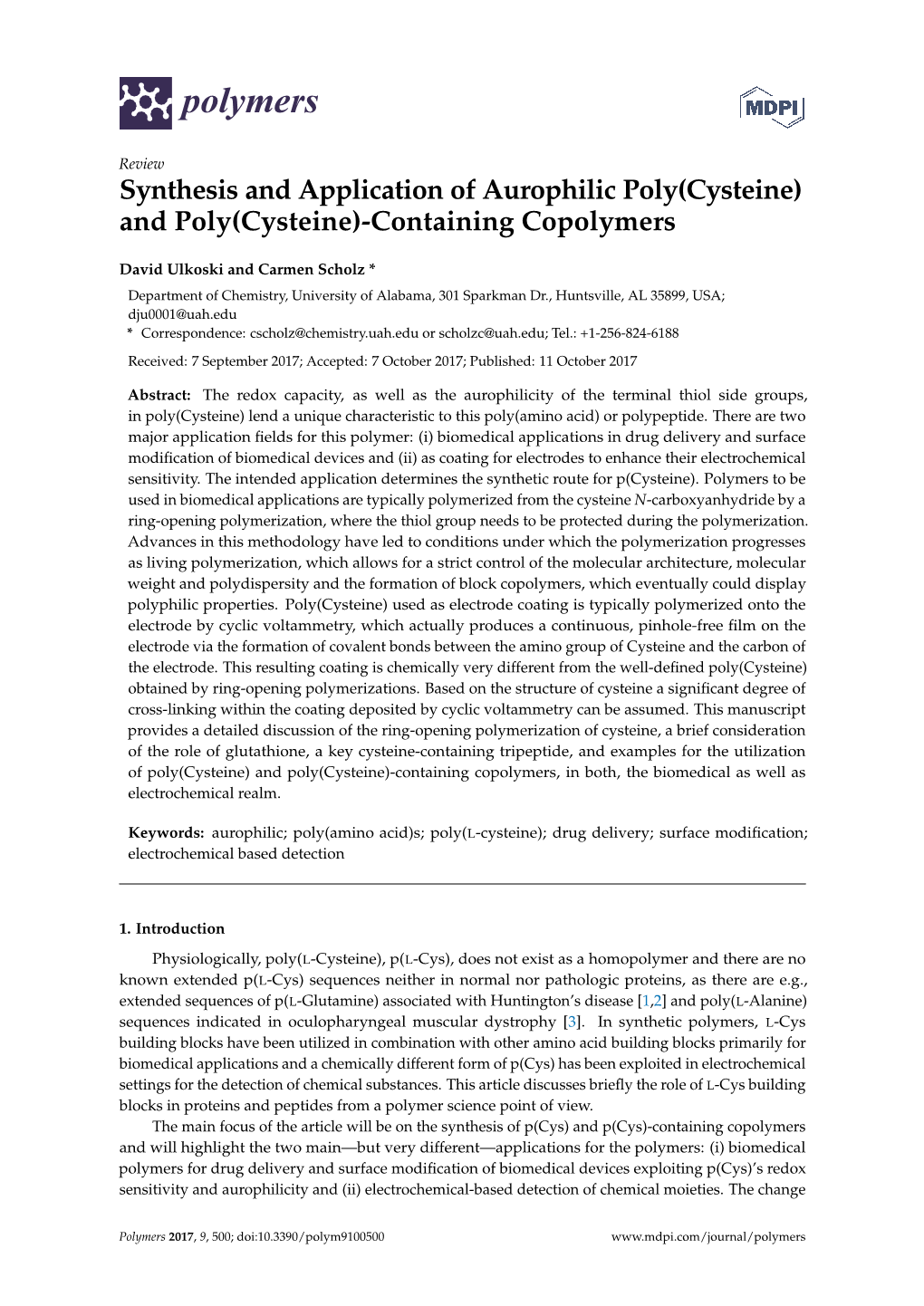Synthesis and Application of Aurophilic Poly(Cysteine) and Poly(Cysteine)-Containing Copolymers