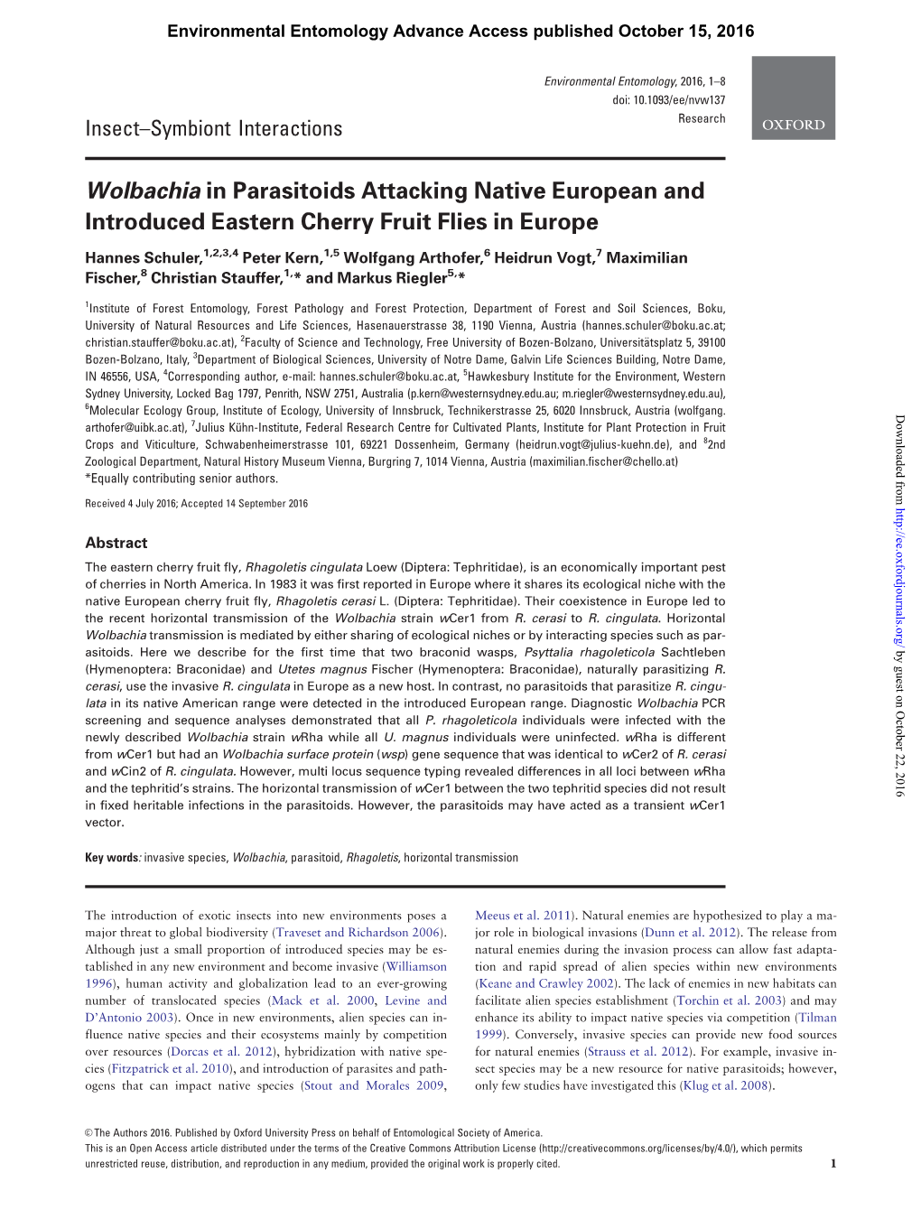 Wolbachia in Parasitoids Attacking Native European and Introduced Eastern Cherry Fruit Flies in Europe