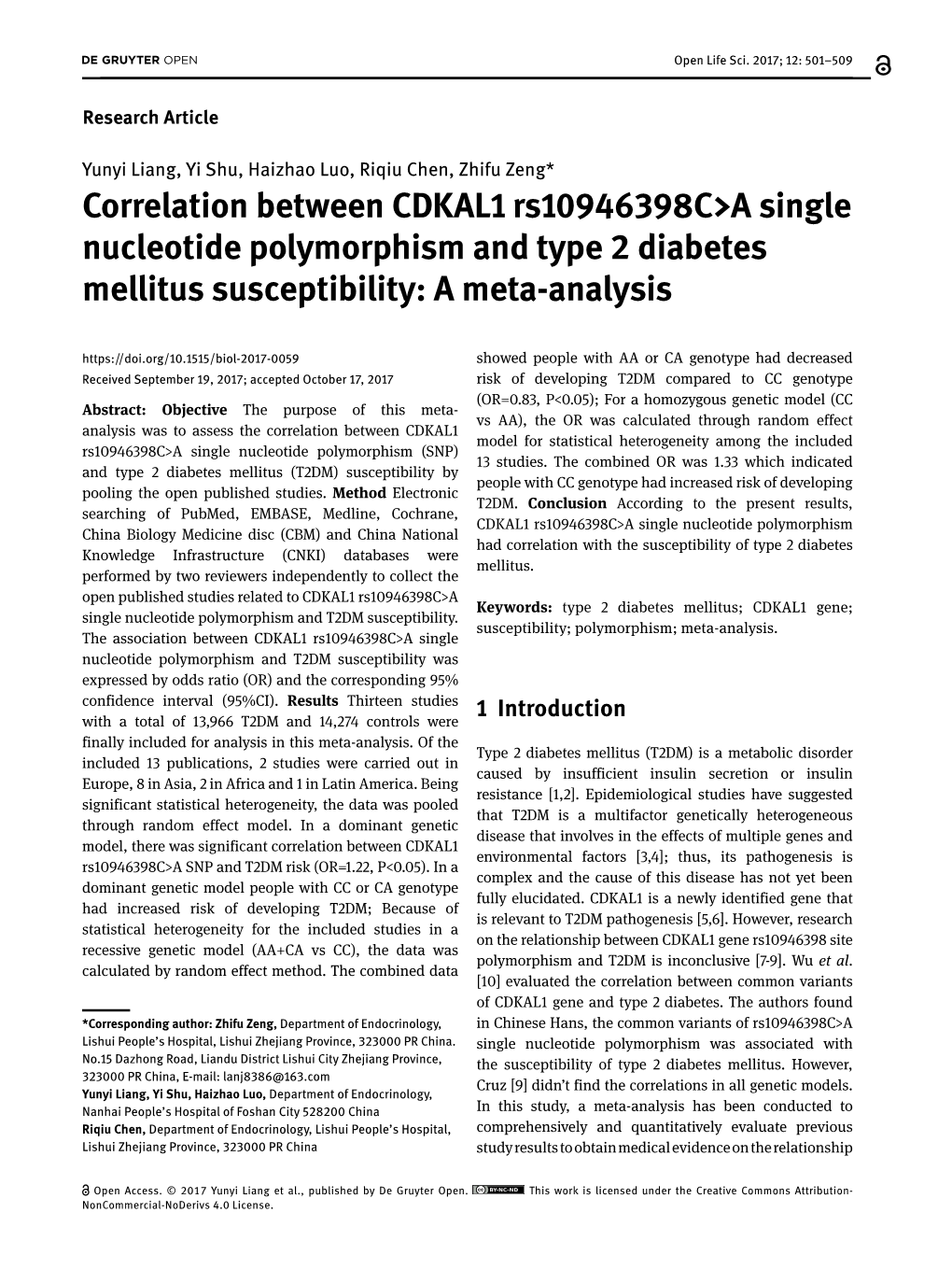 Correlation Between CDKAL1 Rs10946398c&gt;A Single Nucleotide