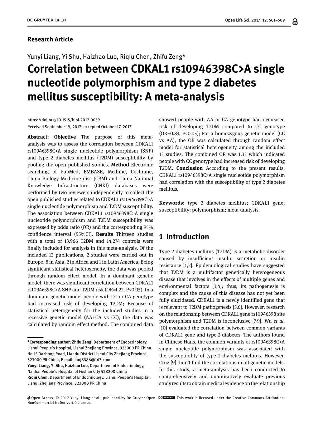 Correlation Between CDKAL1 Rs10946398c>A Single Nucleotide