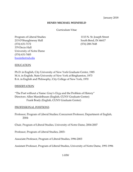 January 2018 1-HW HENRY MICHAEL WEINFIELD Curriculum Vitae Program of Liberal Studies 1113 N. St. Joseph Street 215 O'shau