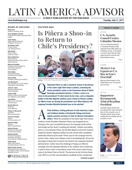 LATIN AMERICA ADVISOR a DAILY PUBLICATION of the DIALOGUE Tuesday, July 11, 2017