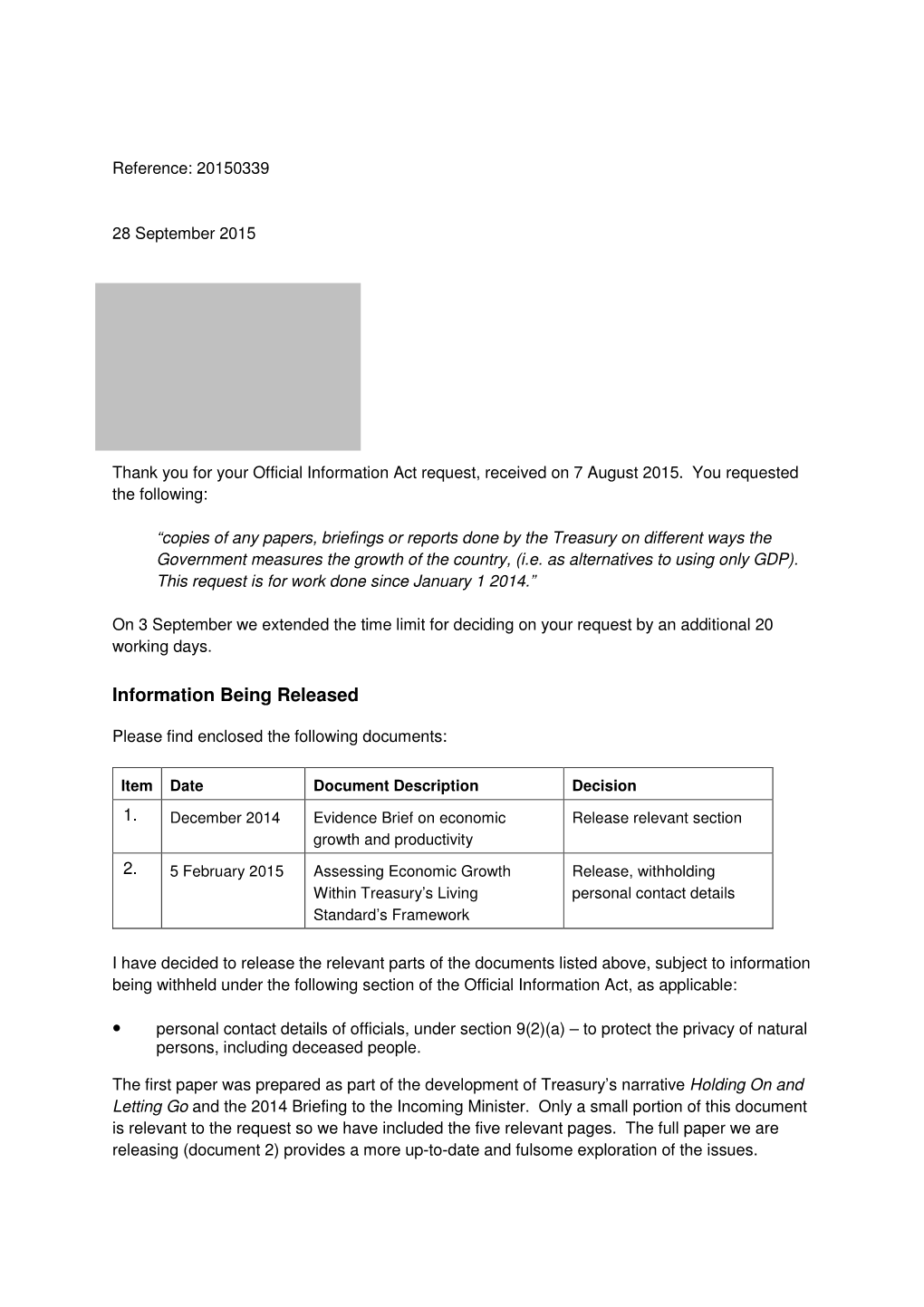 Official Information Act Response 20150339