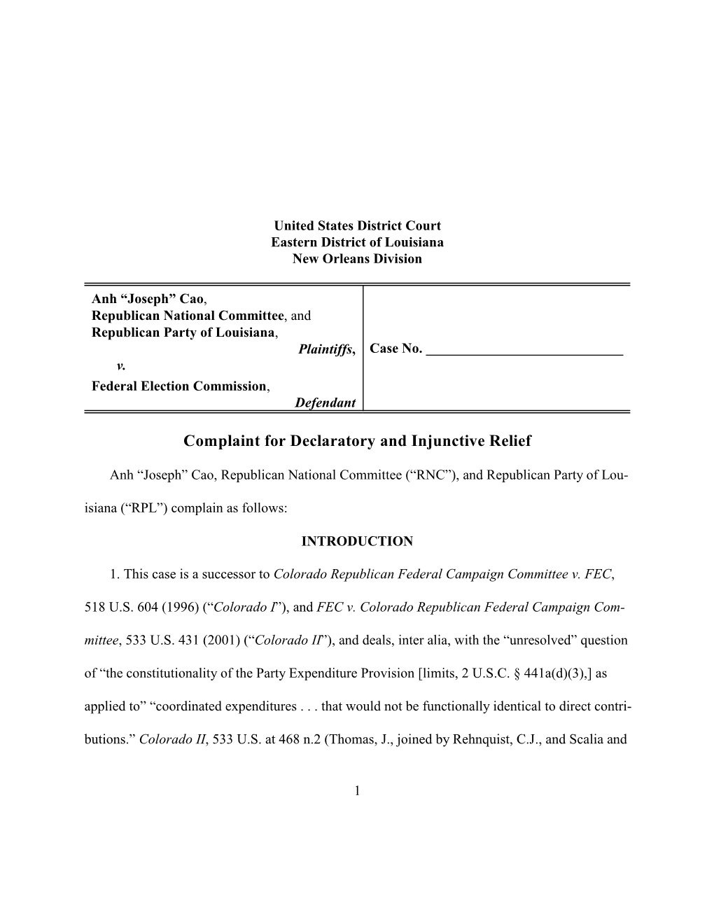 Complaint for Declaratory and Injunctive Relief