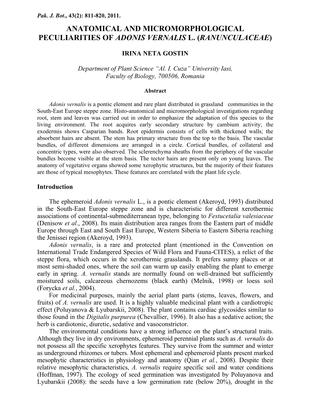 Anatomical and Micromorphological Peculiarities of Adonis Vernalis L