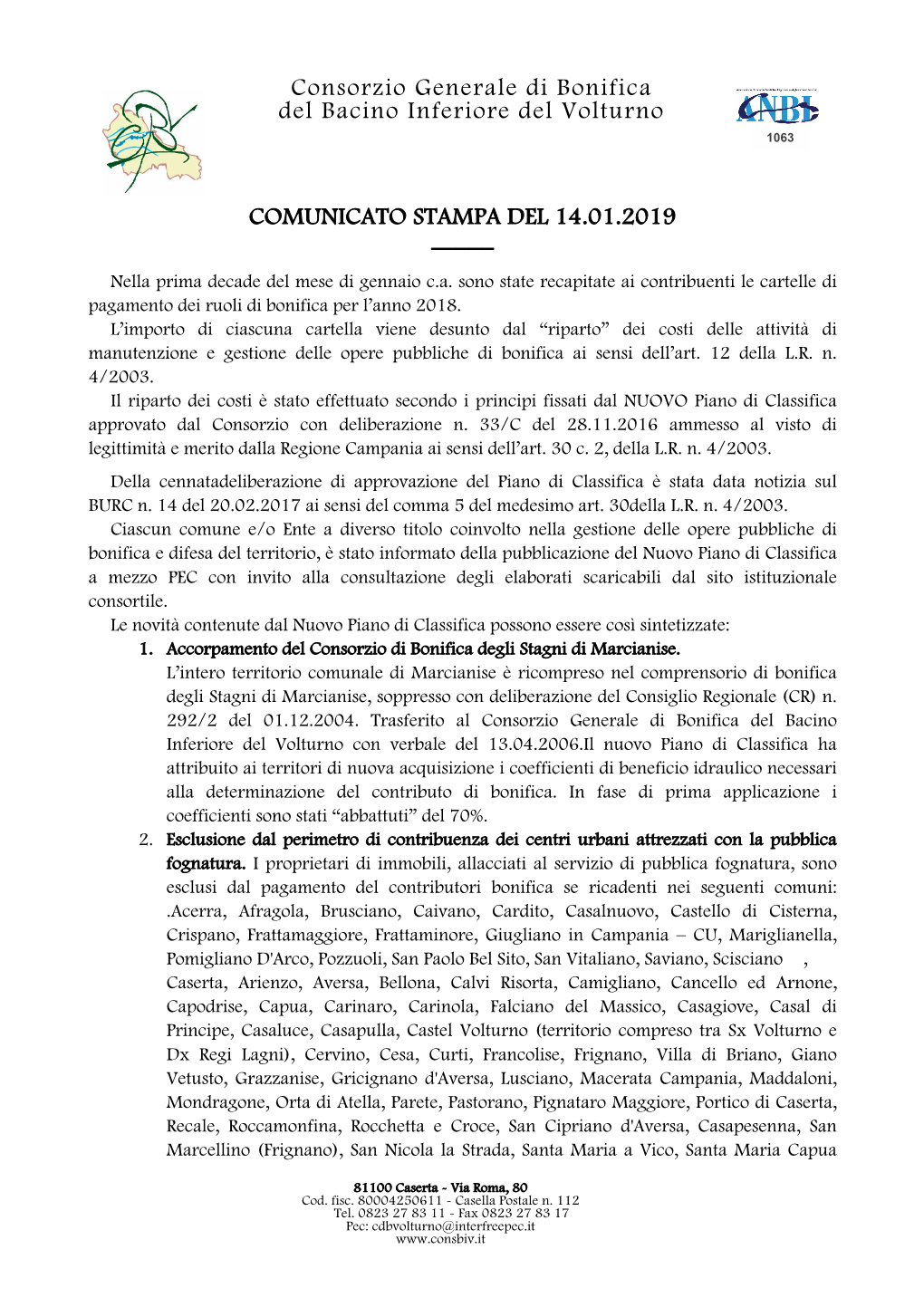 Comunicato Stampa Del 14.01.2019 _____