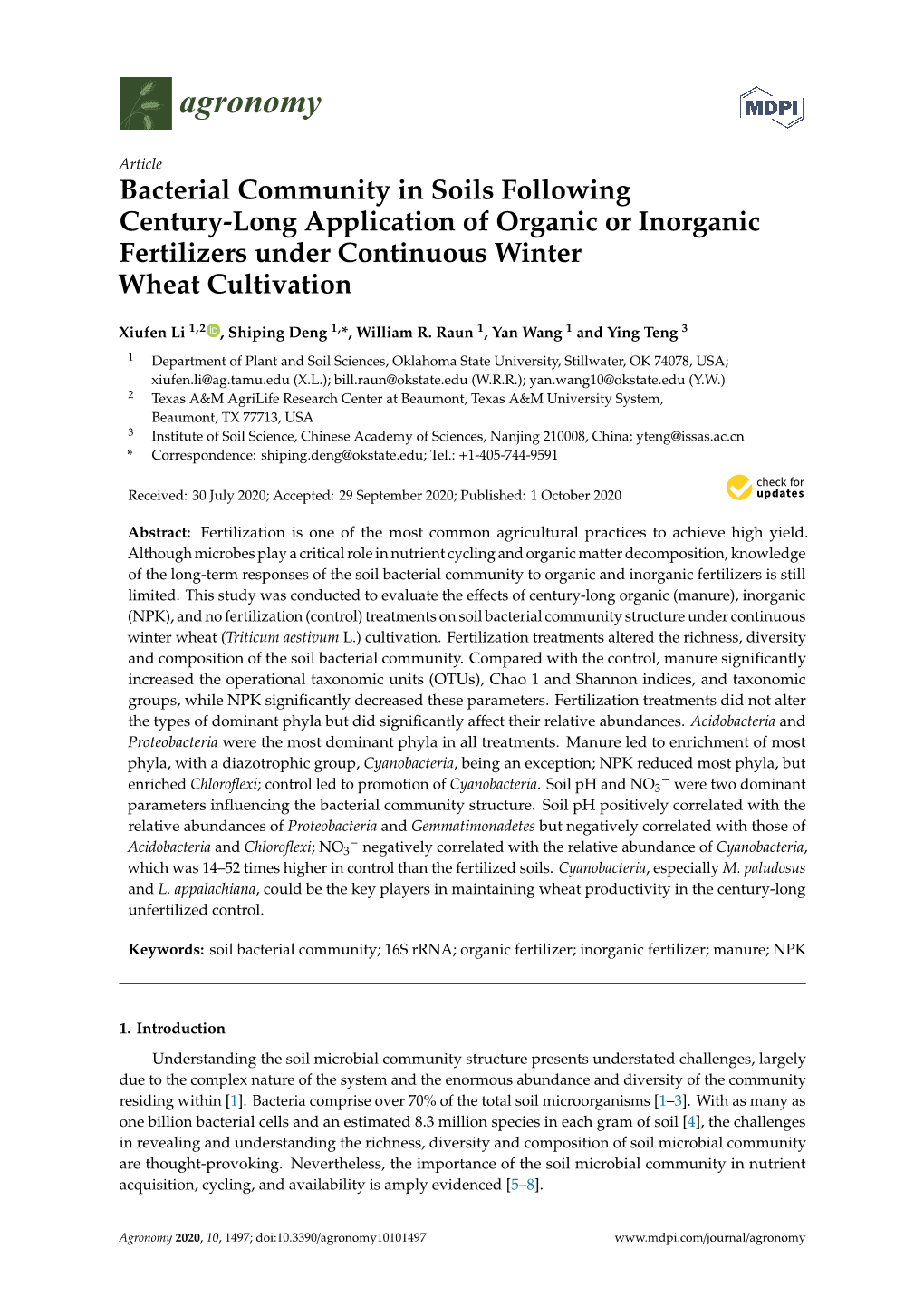 Bacterial Community in Soils Following Century-Long Application of Organic Or Inorganic Fertilizers Under Continuous Winter Wheat Cultivation