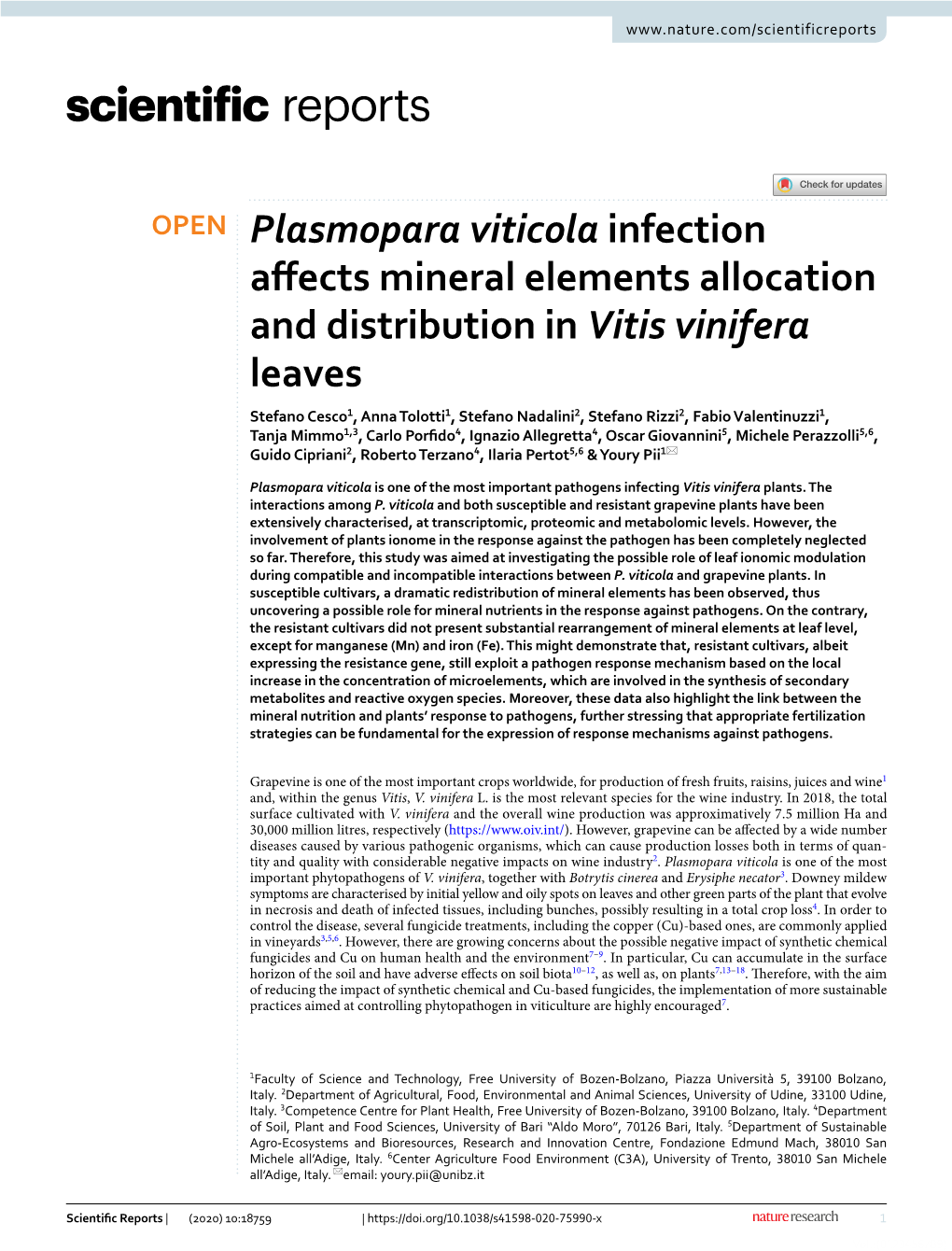 Plasmopara Viticola Infection Affects Mineral Elements Allocation And