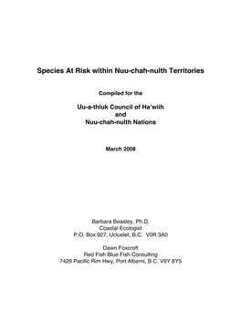 Species at Risk Within Nuu-Chah-Nulth Territories