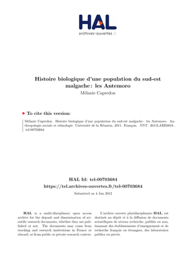 Histoire Biologique D'une Population Du Sud-Est Malgache: Les Antemoro