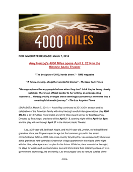 Amy Herzog's 4000 Miles Opens April 2, 2014 in the Historic Asolo Theater