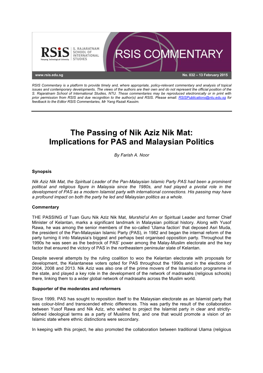 The Passing of Nik Aziz Nik Mat: Implications for PAS and Malaysian Politics