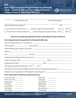 Part I: Migrant Summer Program Intent to Participate Pre-K – Twelfth Grade and Part II: Migrant Summer Program Intent to Participate Birth to 2