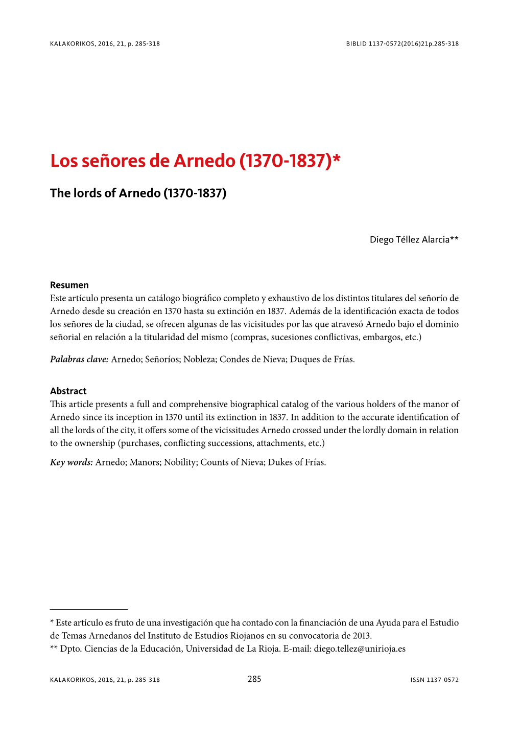 Los Señores De Arnedo (1370-1837)*