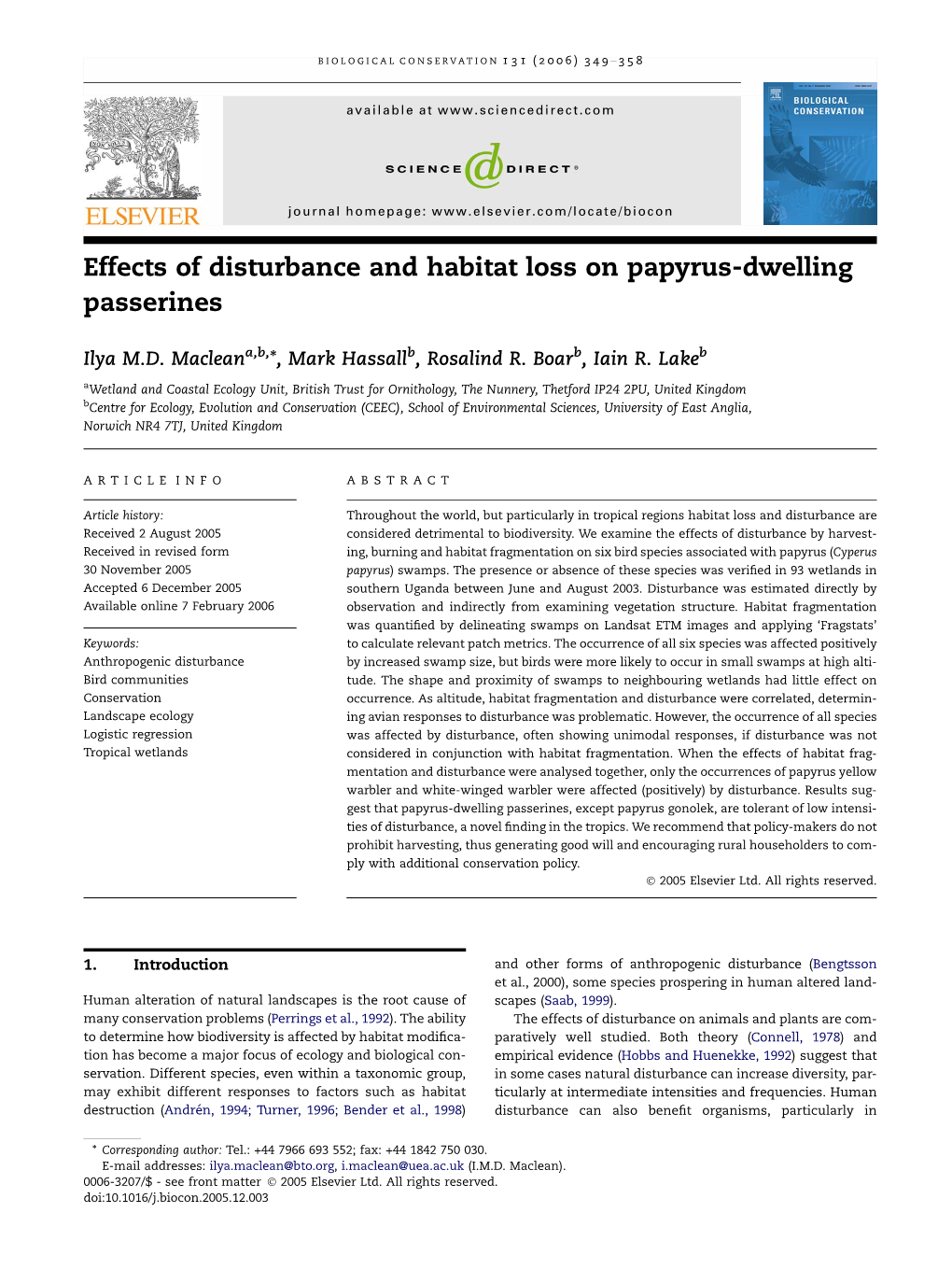 Effects of Disturbance and Habitat Loss on Papyrus-Dwelling Passerines