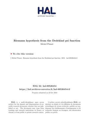 Riemann Hypothesis from the Dedekind Psi Function Michel Planat