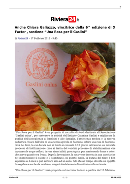 Anche Chiara Galiazzo, Vincitrice Della 6^ Edizione Di X Factor , Sostiene “Una Rosa Per Il Gaslini”
