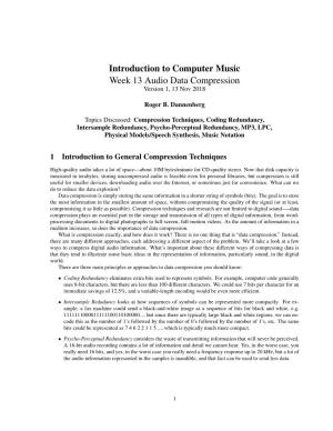 Introduction to Computer Music Week 13 Audio Data Compression Version 1, 13 Nov 2018