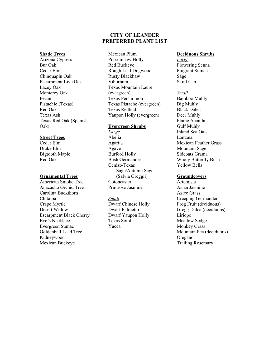 City of Leander Preferred Plant List