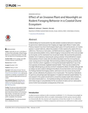 Effect of an Invasive Plant and Moonlight on Rodent Foraging Behavior in a Coastal Dune Ecosystem