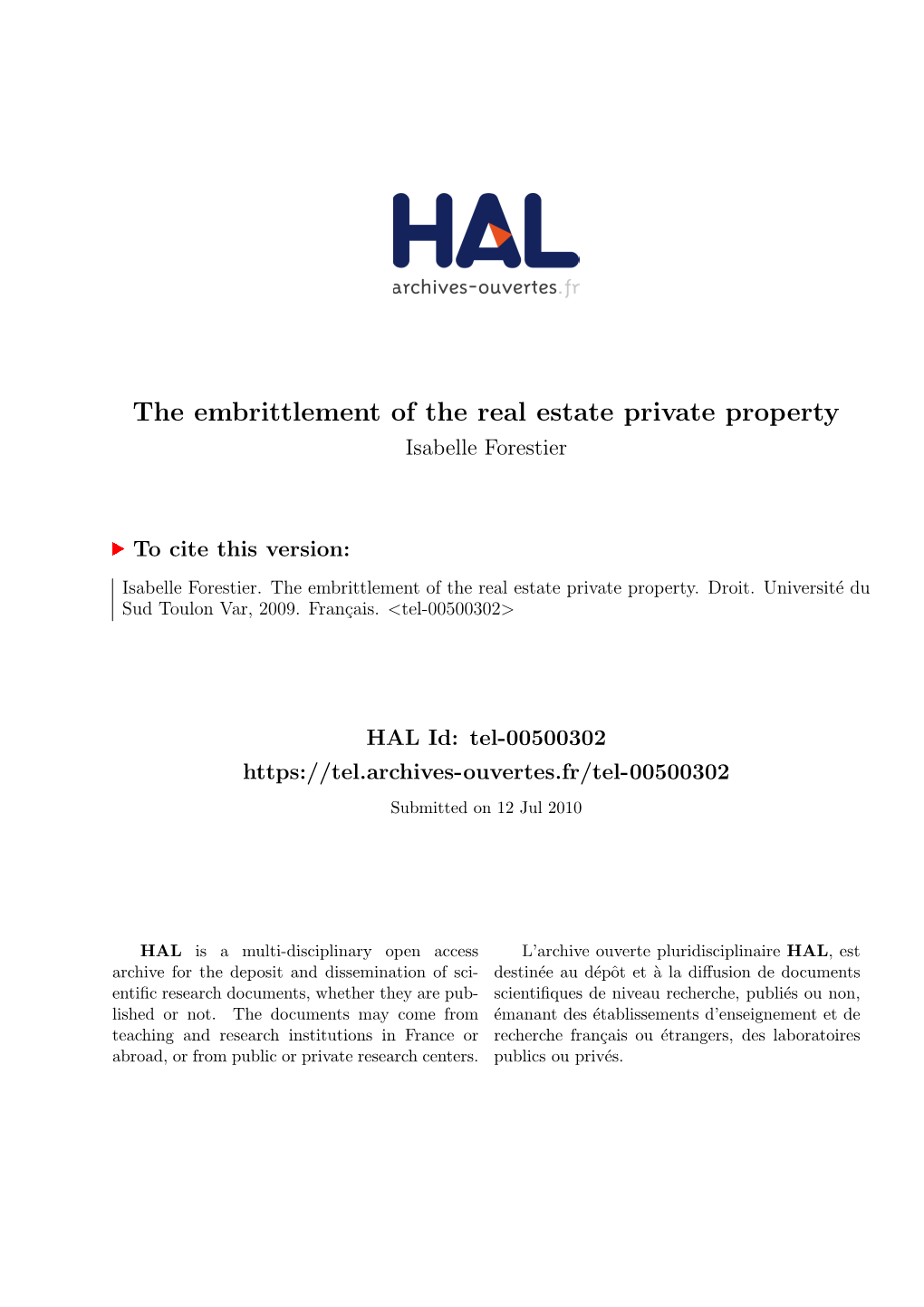 The Embrittlement of the Real Estate Private Property Isabelle Forestier