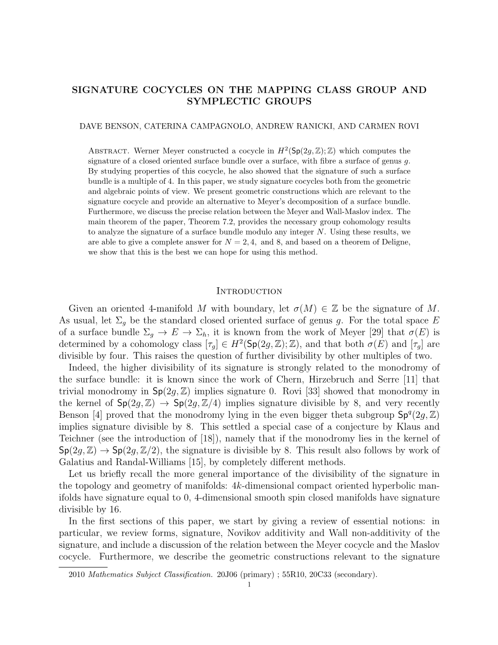 SIGNATURE COCYCLES on the MAPPING CLASS GROUP and SYMPLECTIC GROUPS Introduction Given an Oriented 4-Manifold M with Boundary, L