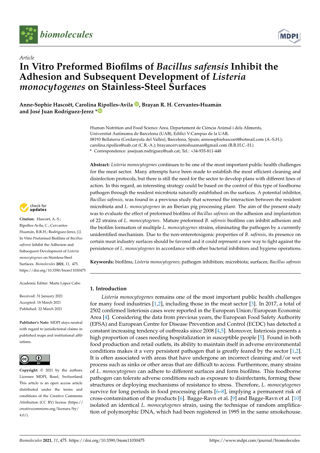 In Vitro Preformed Biofilms of Bacillus Safensis Inhibit the Adhesion And