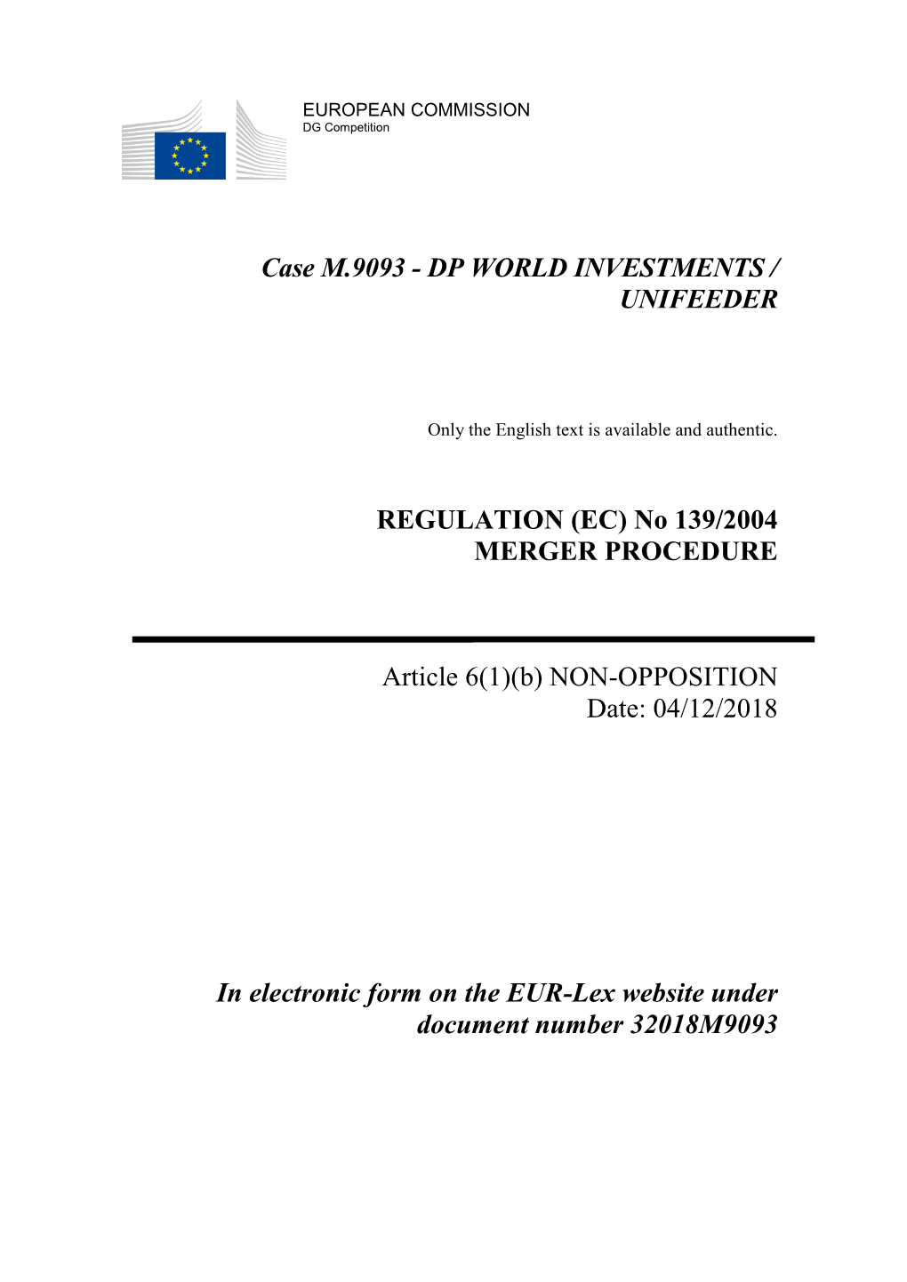 Case M.9093 - DP WORLD INVESTMENTS / UNIFEEDER