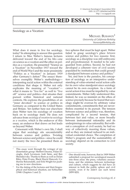 Sociology As a Vocation 1 MICHAEL BURAWOY University of California-Berkeley Burawoy@Berkeley.Edu