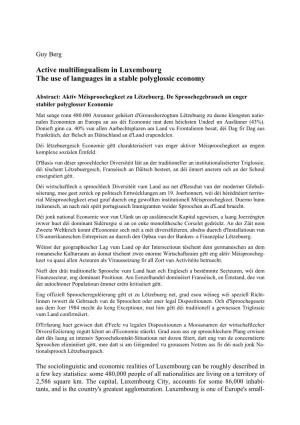 Active Multilingualism in Luxembourg the Use of Languages in a Stable Polyglossic Economy