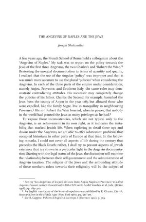 The Angevins of Naples and the Jews Joseph Shatzmiller a Few Years