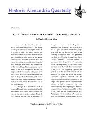 Loyalism in Eighteenth Century Alexandria, Virginia