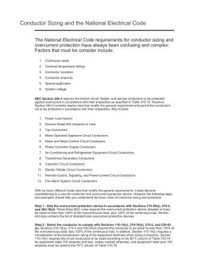 Conductor Sizing and the National Electrical Code