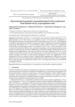 Physicochemical Properties of Pseudobrookite Fe2tio5 Synthesized from Ilmenite Ore by Co-Precipitation Route