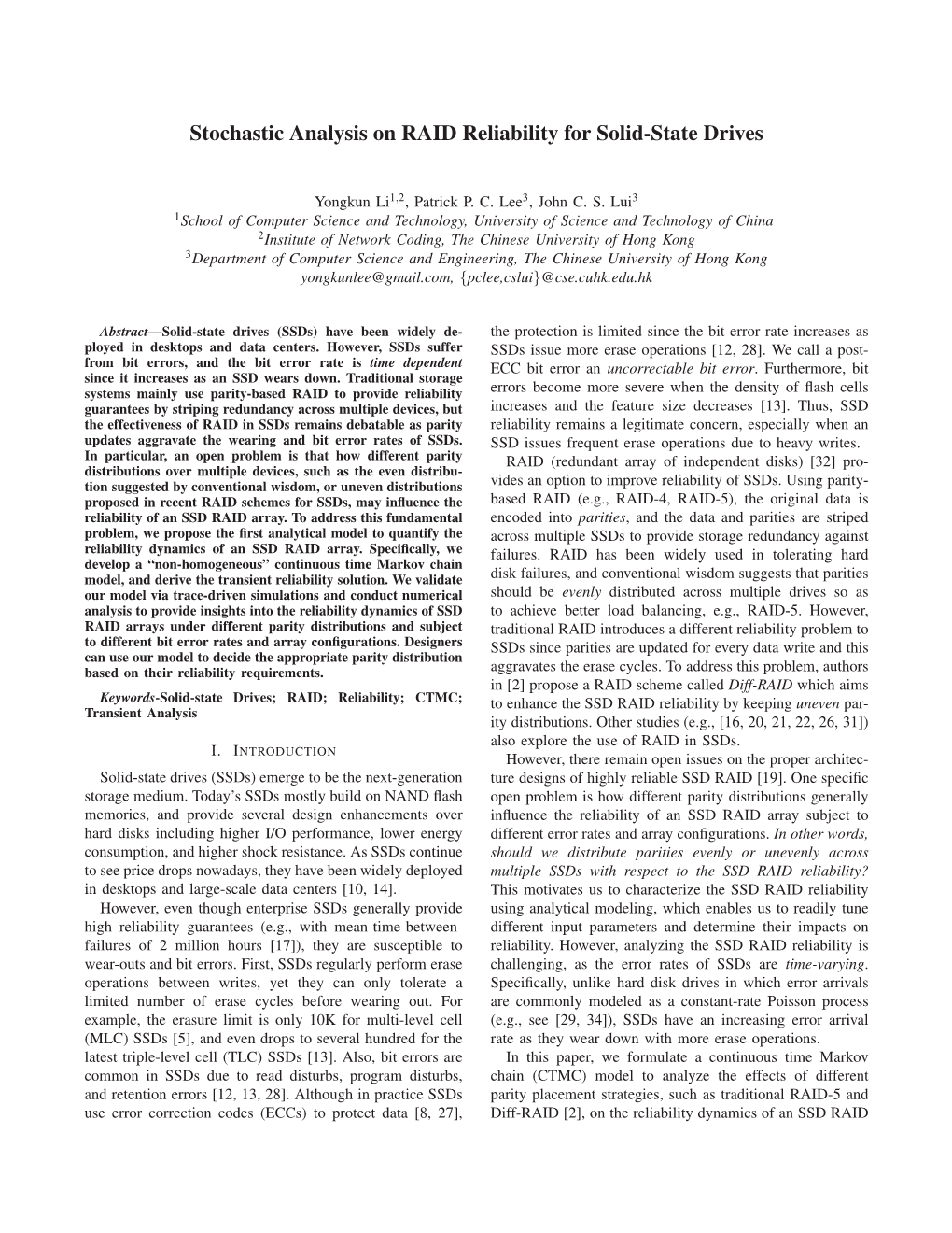 Stochastic Analysis on RAID Reliability for Solid-State Drives