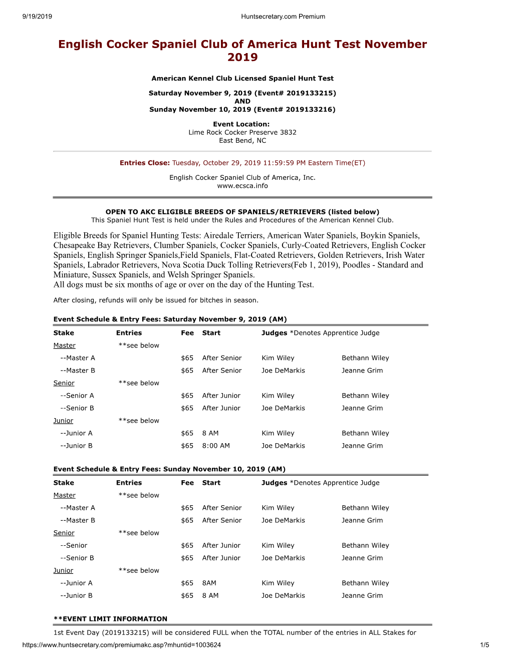 English Cocker Spaniel Club of America Hunt Test November 2019