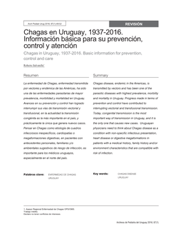 Chagas En Uruguay, 1937-2016. Información Básica Para Su Prevención, Control Y Atención Chagas in Uruguay, 1937-2016
