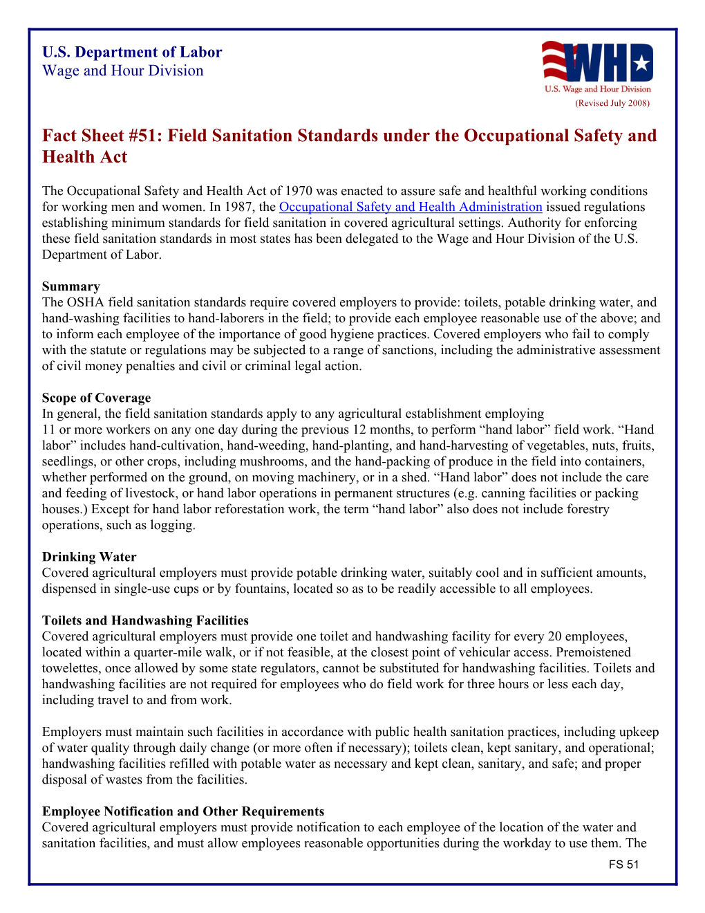 Fact Sheet #51: Field Sanitation Standards Under the Occupational Safety and Health Act