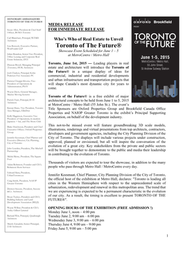 TORONTO of the FUTURE PRESS RELEASE As of June