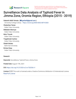Surveillance Data Analysis of Typhoid Fever in Jimma Zone, Oromia Region, Ethiopia (2015 - 2019)