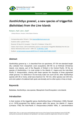 Xanthichthys Greenei, a New Species of Triggerfish (Balistidae) from the Line Islands