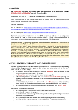 COUVRE-FEU Le Couvre-Feu Est Entré En Vigueur Dans 33 Communes De La Métropole DONT SAINT-AUBIN-LES-ELBEUF Samedi 17 Octobre 2