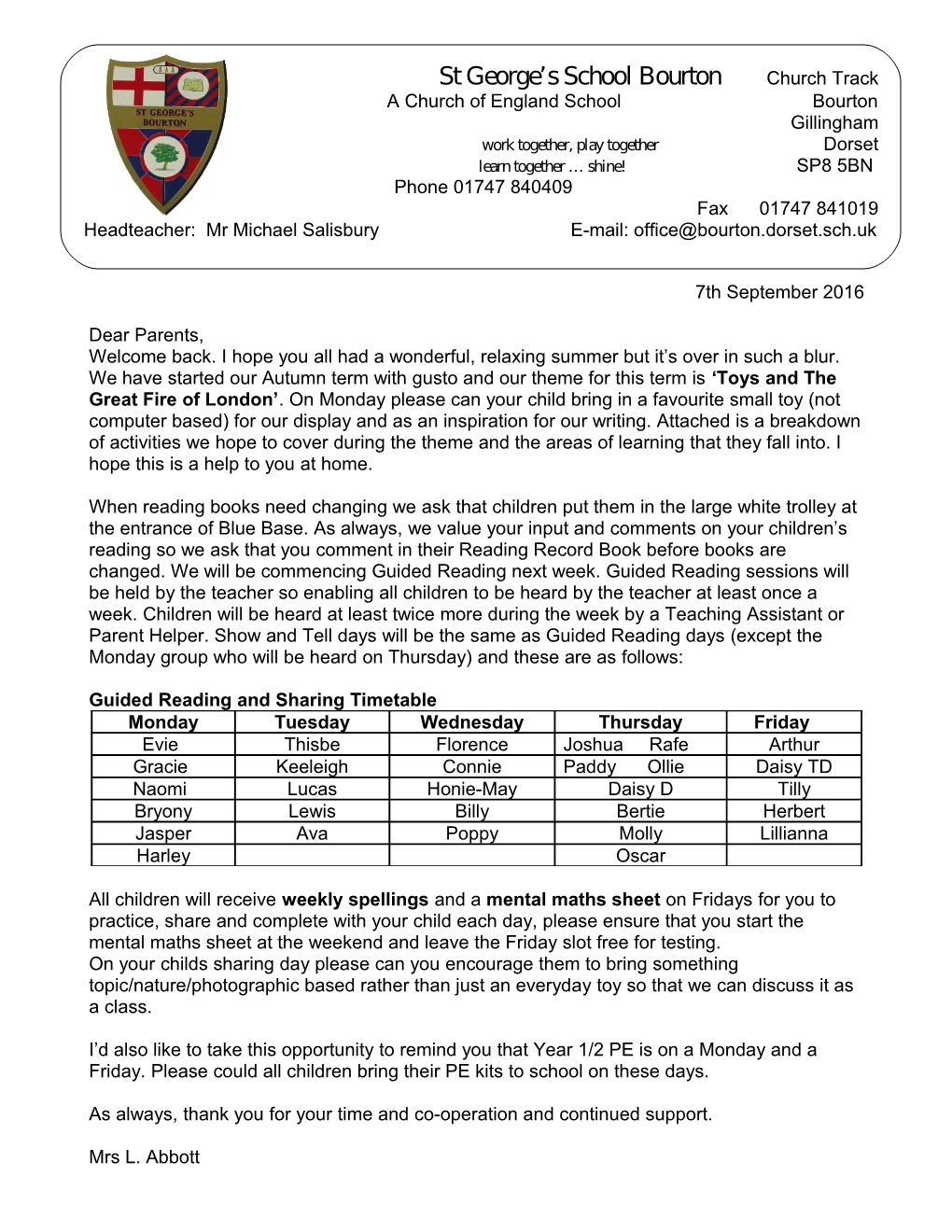 Guided Reading and Sharing Timetable