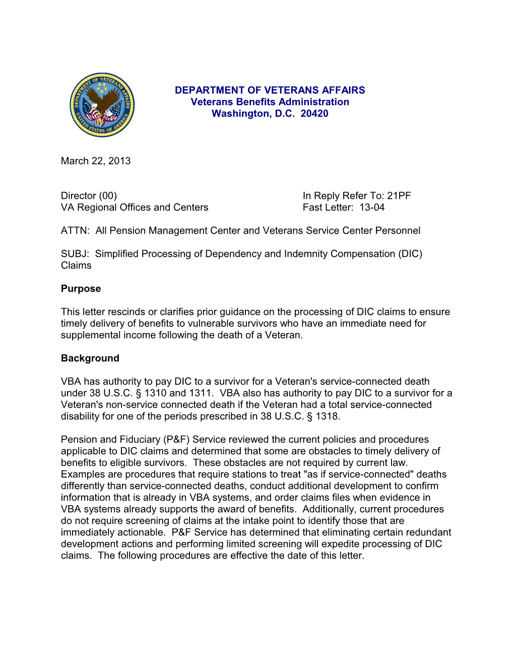 VA Regional Offices and Centers Fast Letter: 13-04