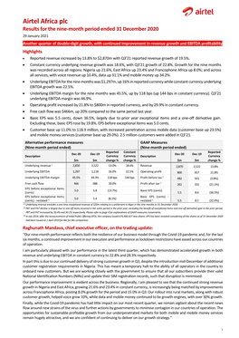 Airtel Africa Plc Results for the Nine-Month Period Ended 31 December 2020 29 January 2021