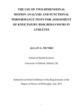 The Use of Two-Dimensional Motion Analysis and Functional Performance Tests for Assessment of Knee Injury Risk Behaviours in Athletes