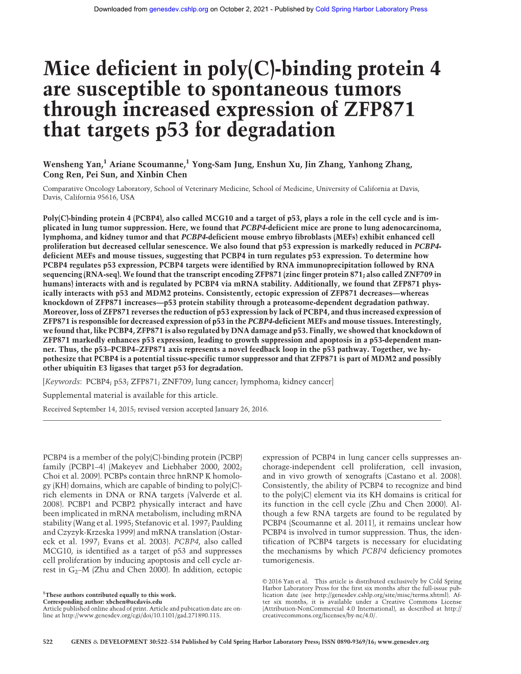 Mice Deficient in Poly(C)-Binding Protein 4 Are Susceptible to Spontaneous Tumors Through Increased Expression of ZFP871 That Targets P53 for Degradation