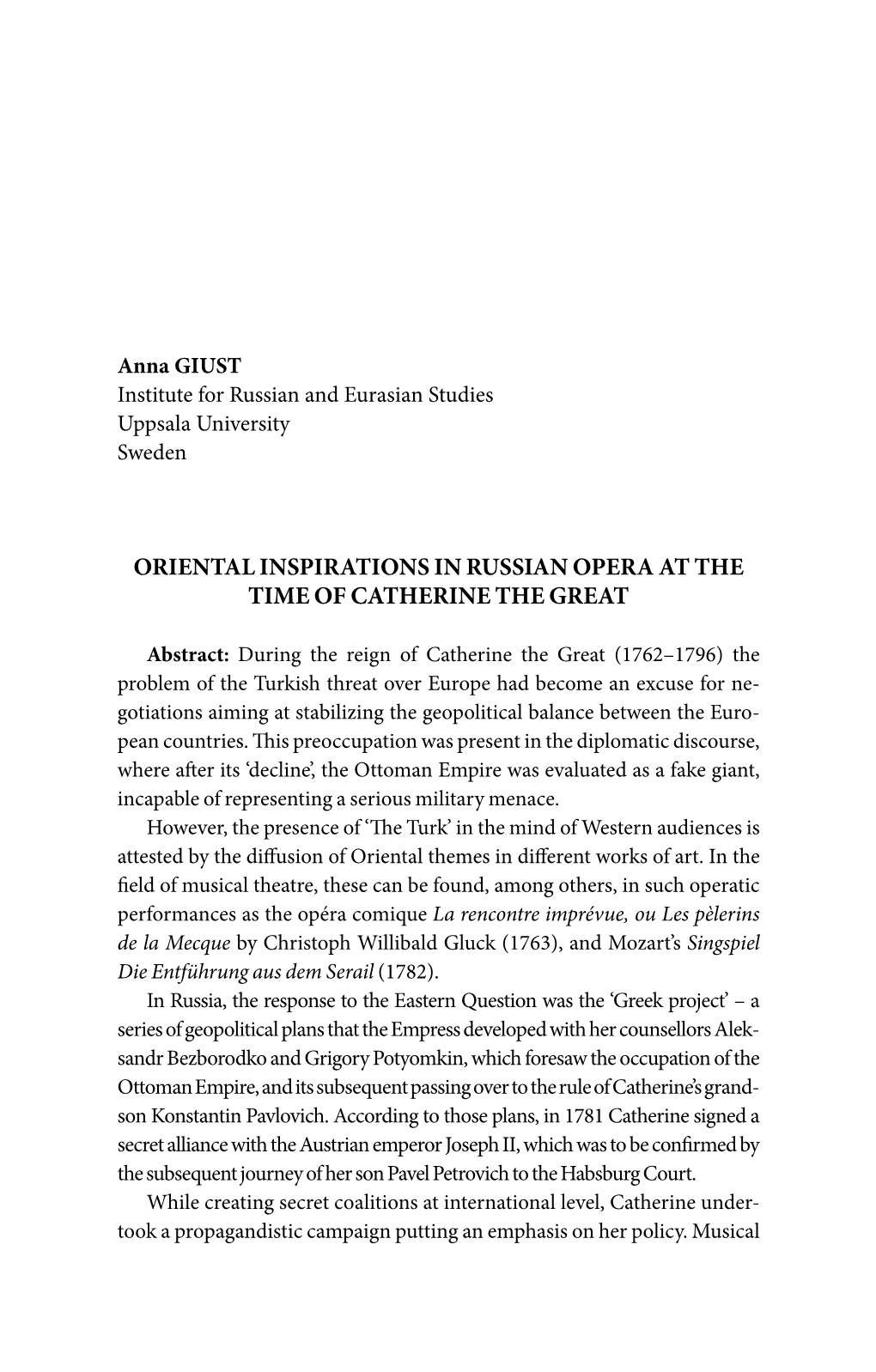 Oriental Inspirations in Russian Opera at the Time of Catherine the Great